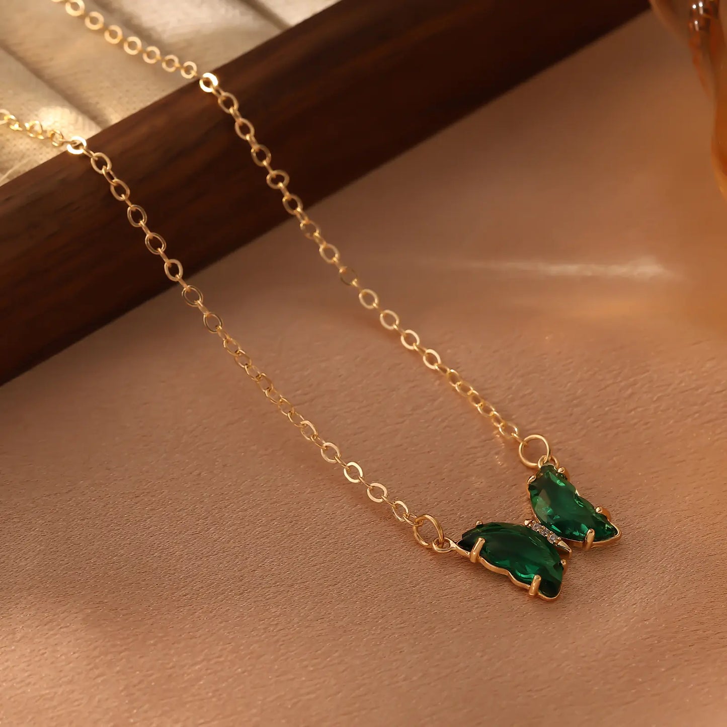 Iridescent Glass Butterfly Necklace, Green color option.