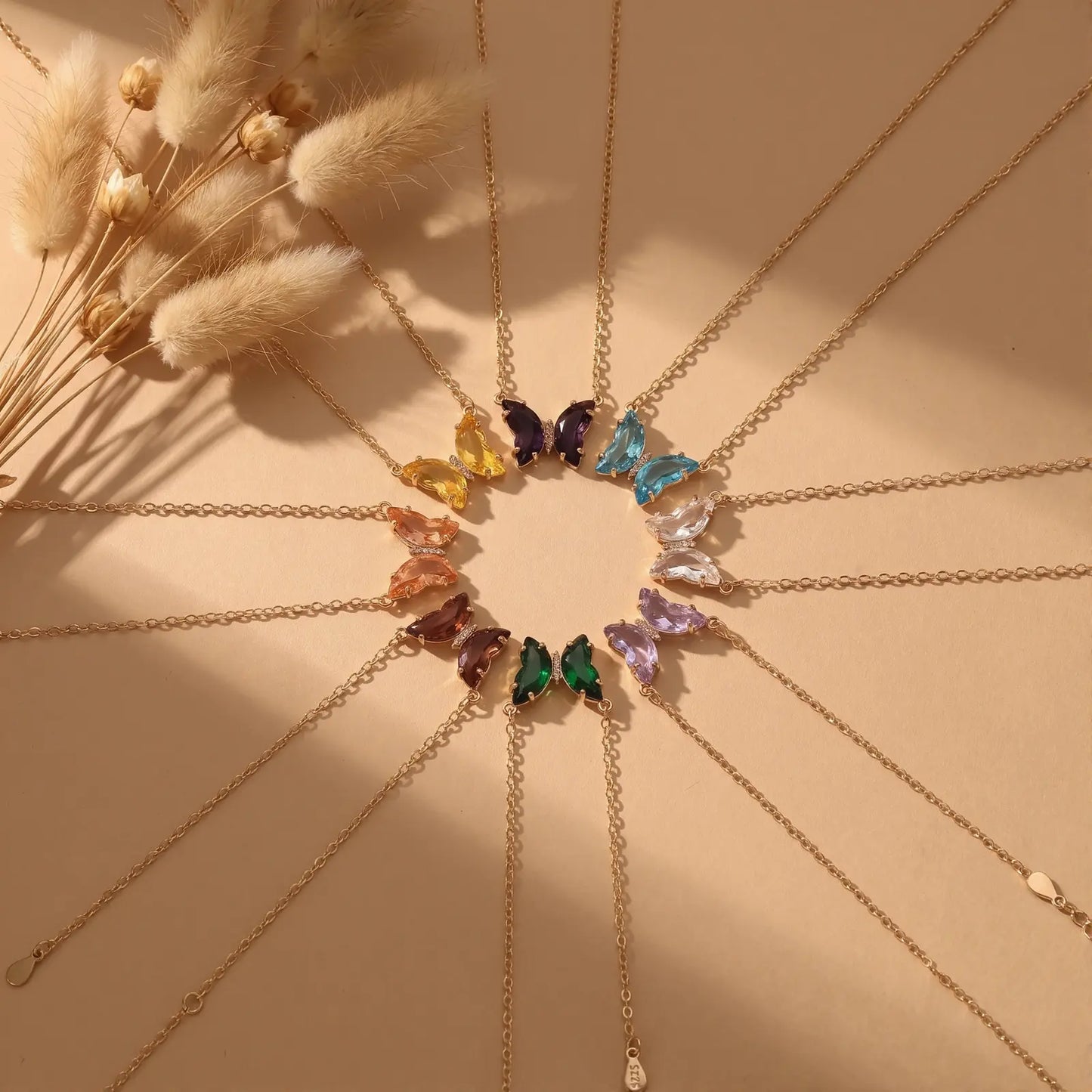 Iridescent Glass Butterfly Necklace worn at the neckline, lifestyle view 6.
