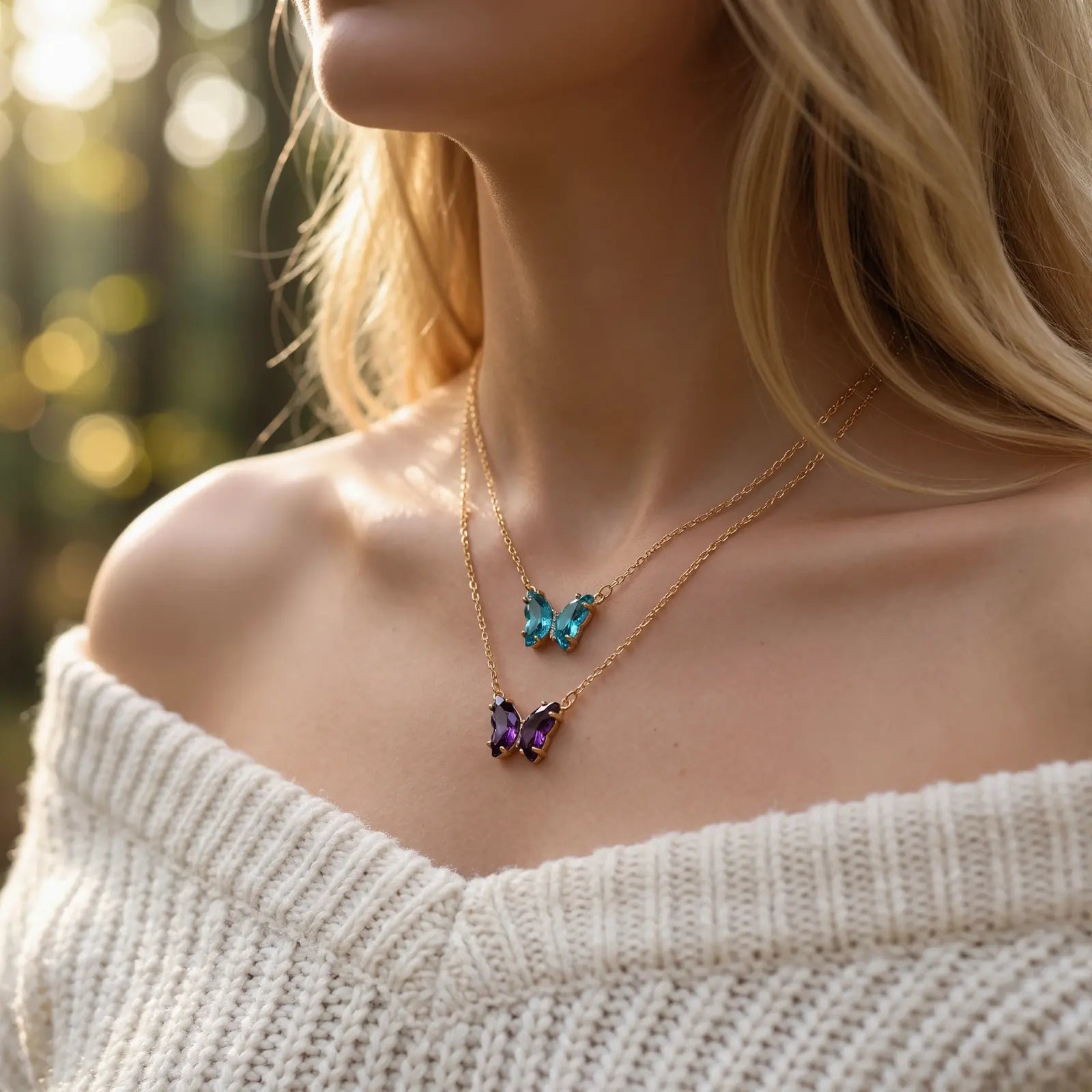 Iridescent Glass Butterfly Necklace worn at the neckline, lifestyle view 9.