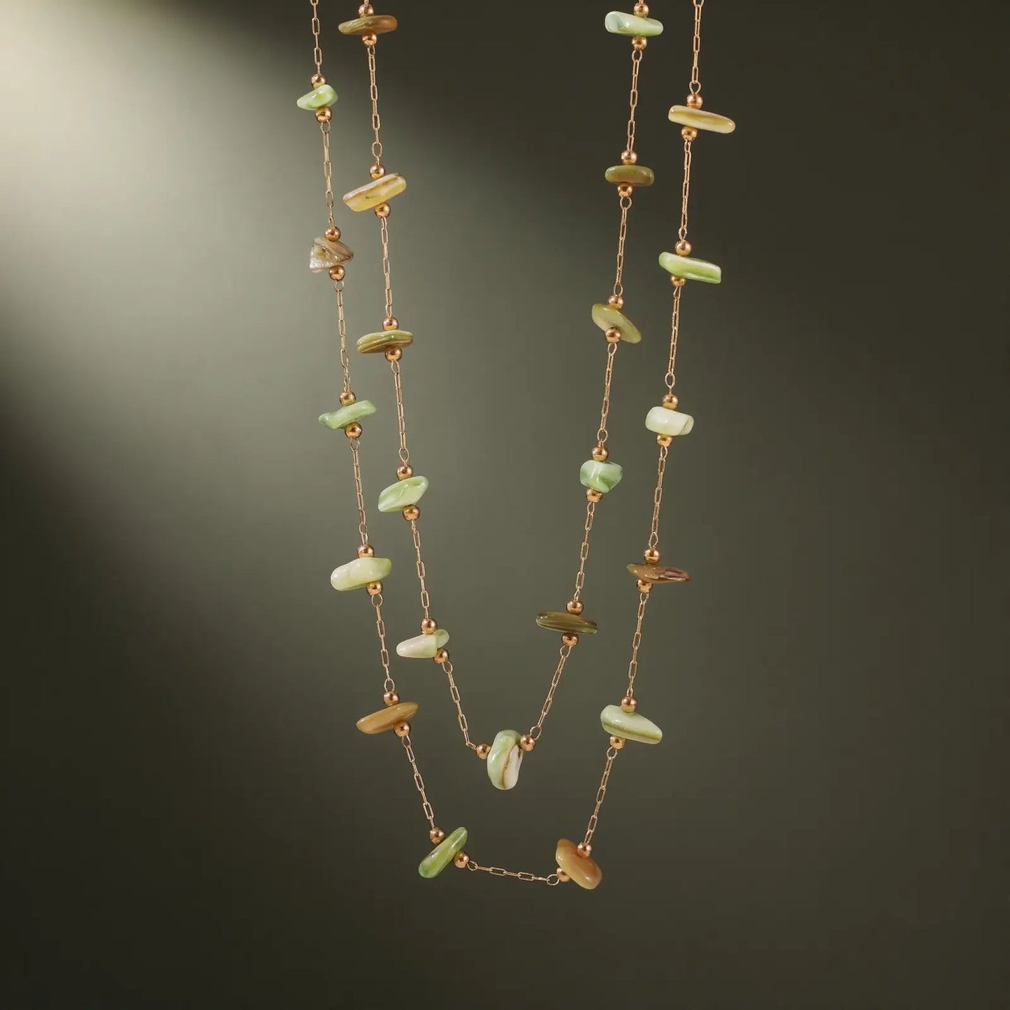 Green Stone Chip Necklace and Bracelet Set, product detail view 1.