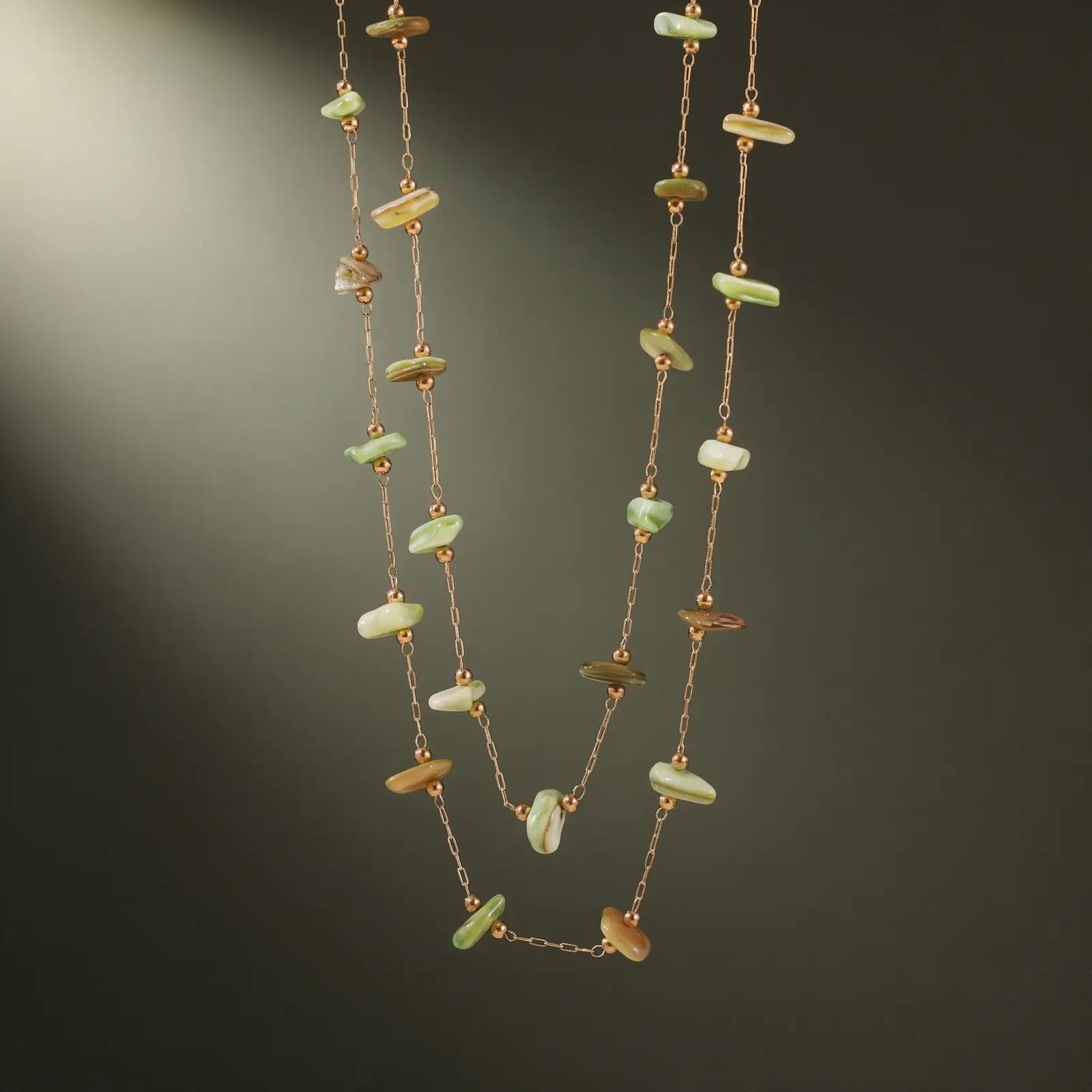 Green Stone Chip Necklace and Bracelet Set, product detail view 1.