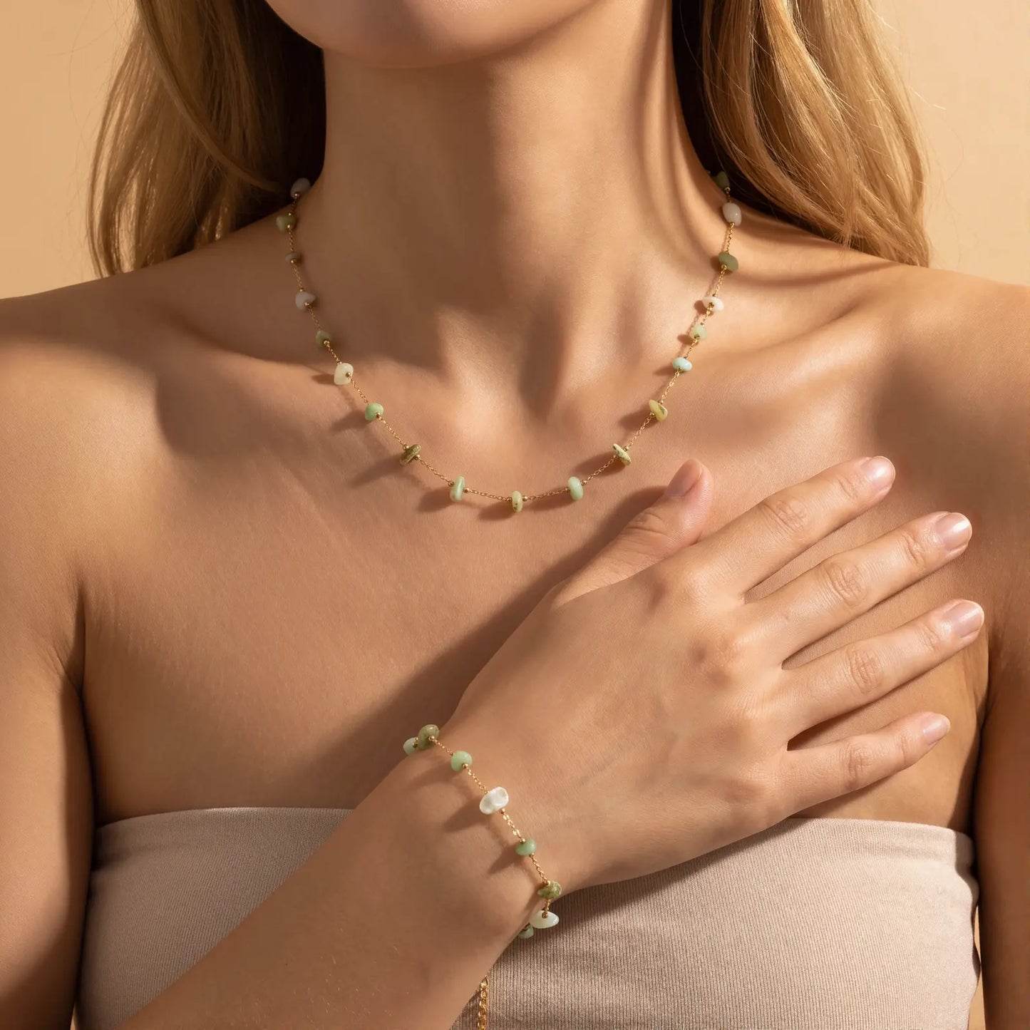 Green Stone Chip Necklace and Bracelet Set, product detail view 11.