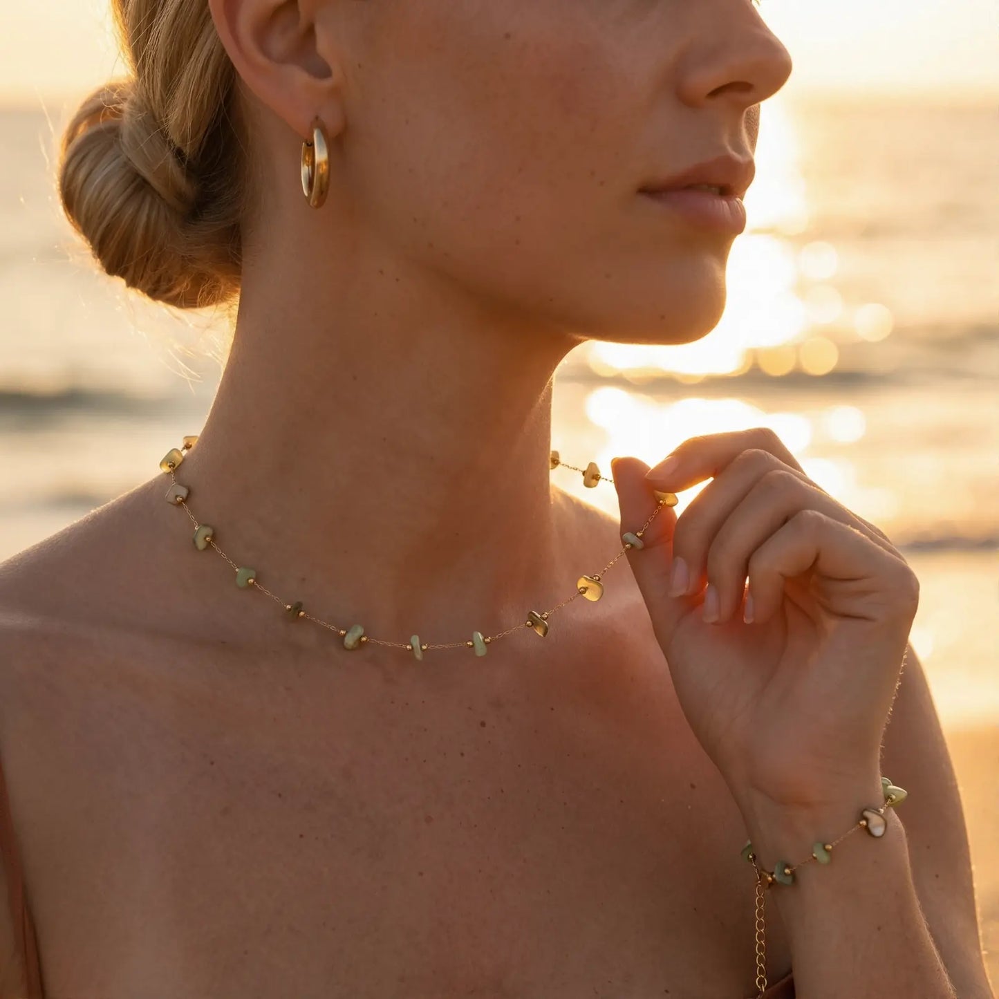 Green Stone Chip Necklace and Bracelet Set, product detail view 10.
