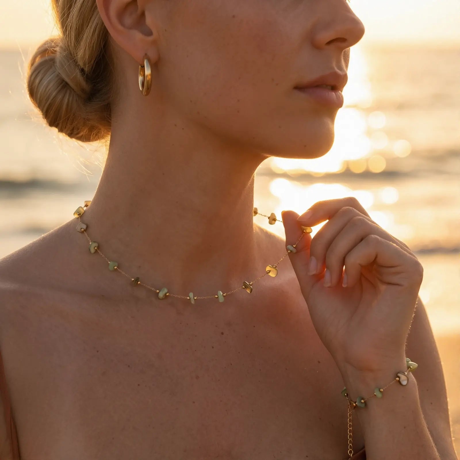Green Stone Chip Necklace and Bracelet Set, product detail view 10.