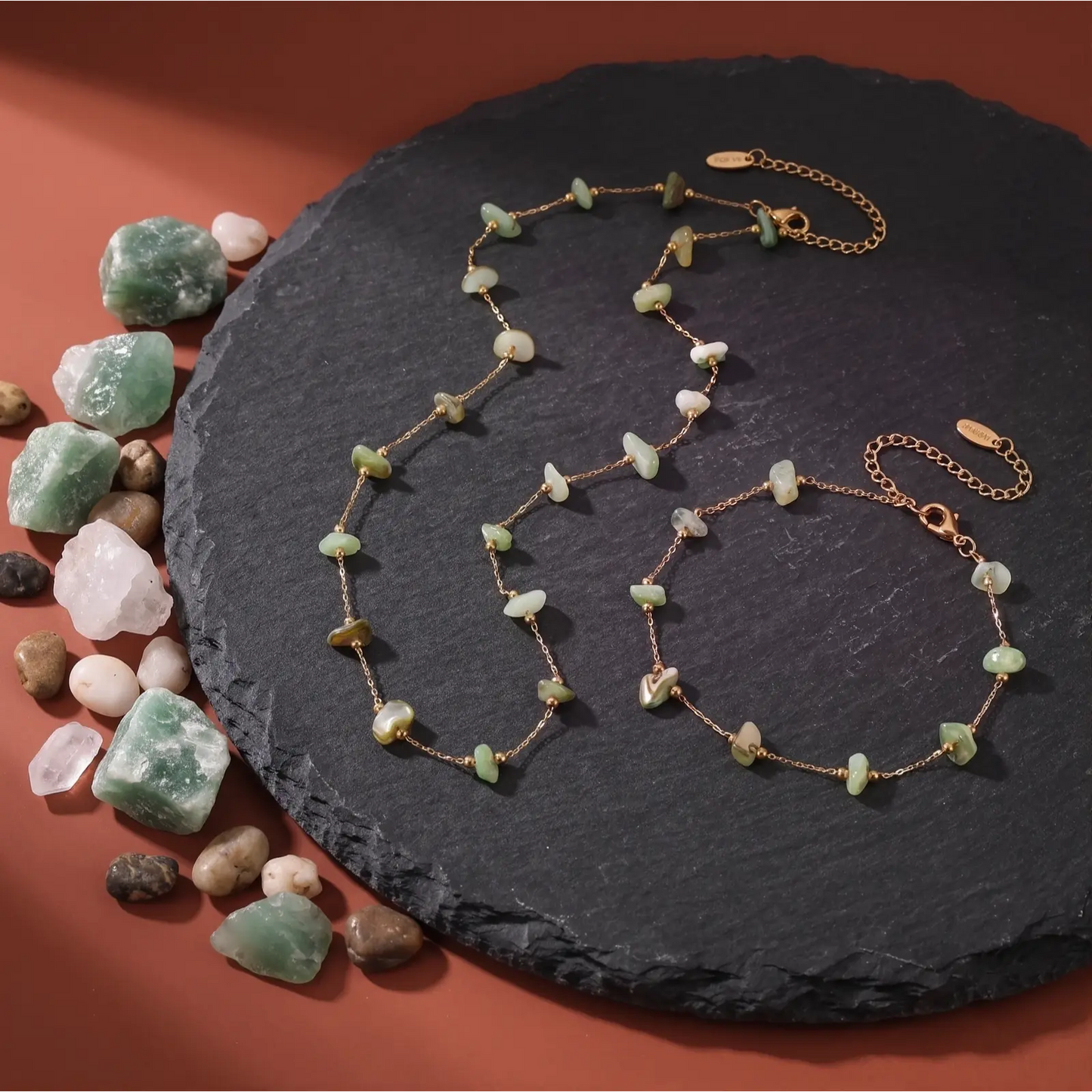 Green Stone Chip Necklace and Bracelet Set, product detail view 5.