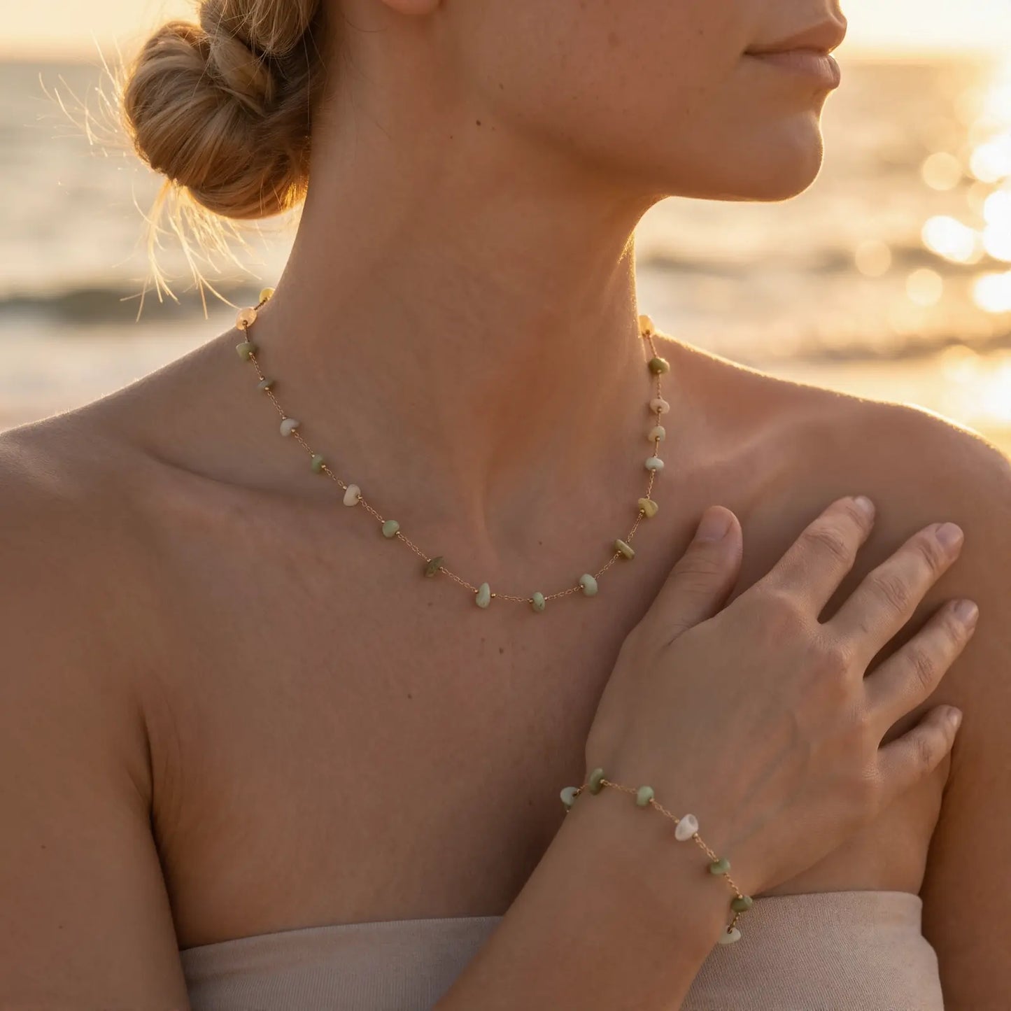 Green Stone Chip Necklace and Bracelet Set, product detail view 13.