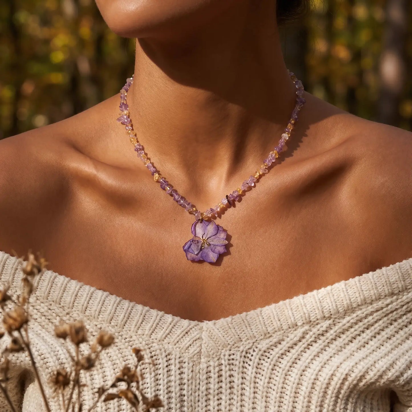 Resin Flower Crystal Necklace worn at the neckline, lifestyle view 2.