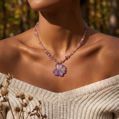 Resin Flower Crystal Necklace worn at the neckline, lifestyle view 2.