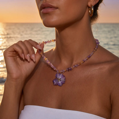 Resin Flower Crystal Necklace worn at the neckline, lifestyle view 4.