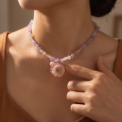 Resin Flower Crystal Necklace worn at the neckline, lifestyle view 5.