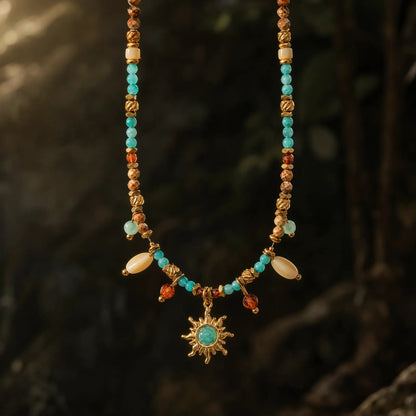 Amazonite Sun necklace with shell and gold-tone details