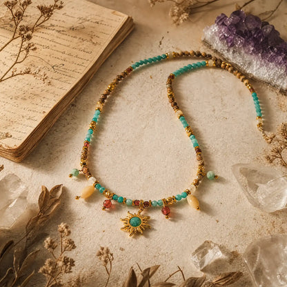 Amazonite Sun necklace displayed with warm natural textures