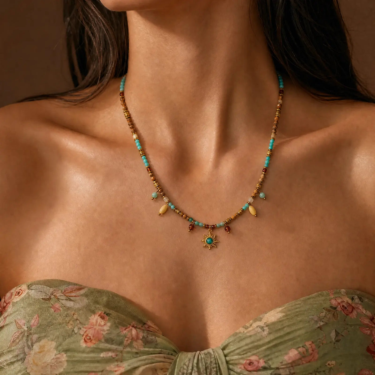 Amazonite Sun necklace worn with a floral neckline