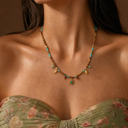 Amazonite Sun necklace worn with a floral neckline