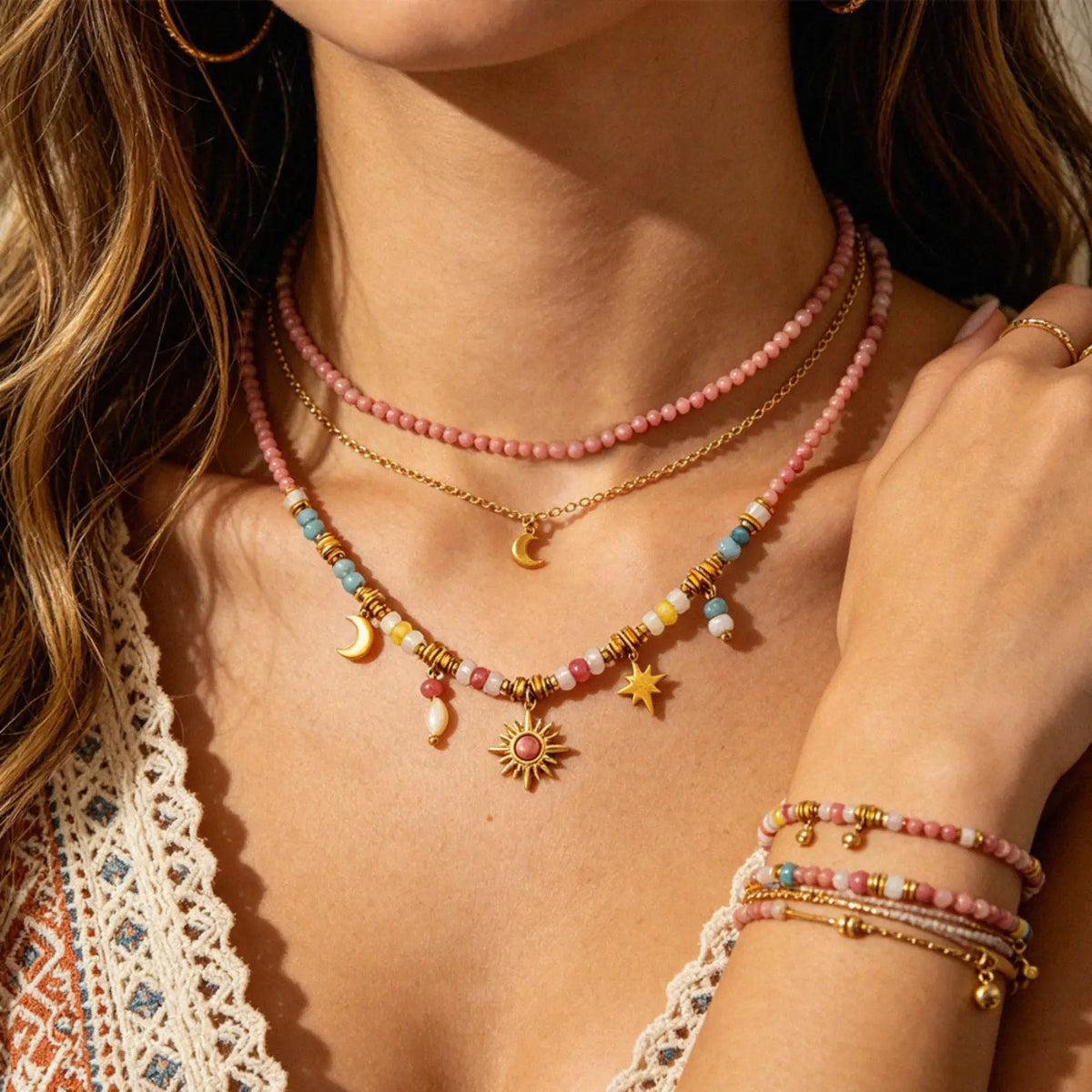 Rose Celestial necklace styled in a layered jewelry look