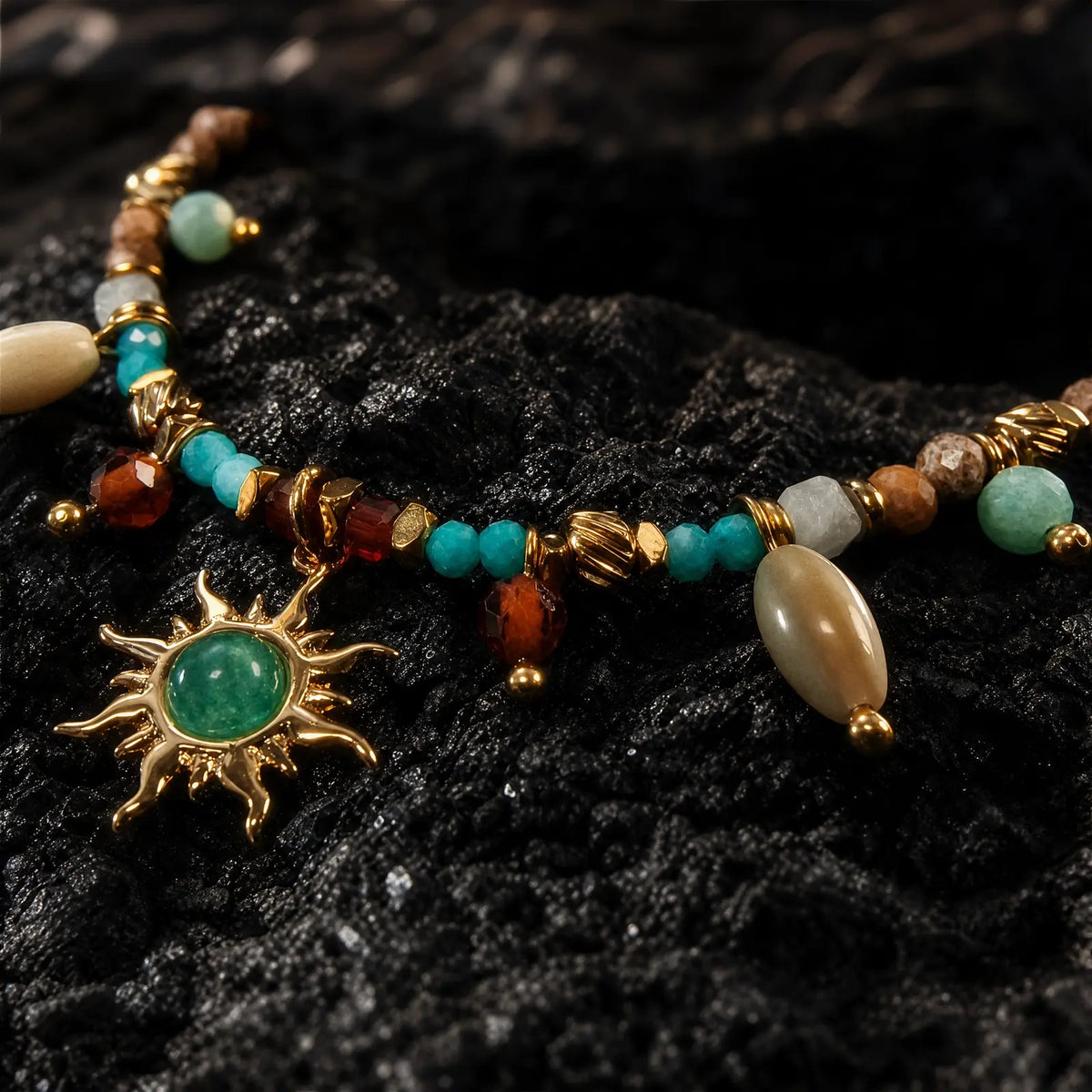 Amazonite beads shell accents and sun motif in close view