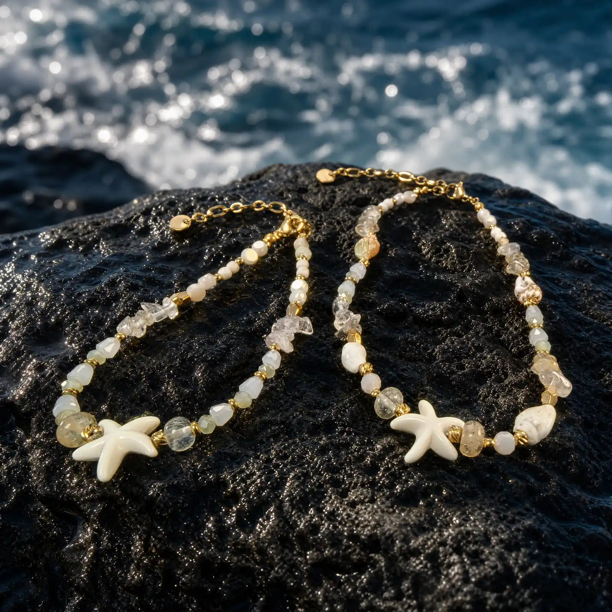 Starfish natural stone necklace and bracelet styled together by the sea
